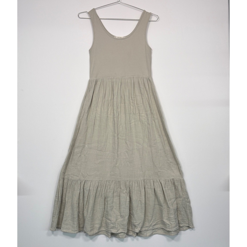 Salty Lemon Womens Maxi Dress L Sage Green Ribbed Tiered Gauze LMD8477 Cotton